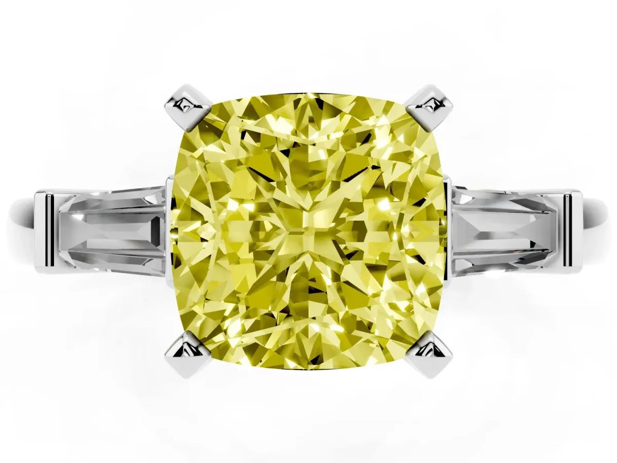 Fancy Yellow Cushion Cut Cut Diamond Solitaire Ring with Tapered Baguette Accents and Four-Prong Setting White gold