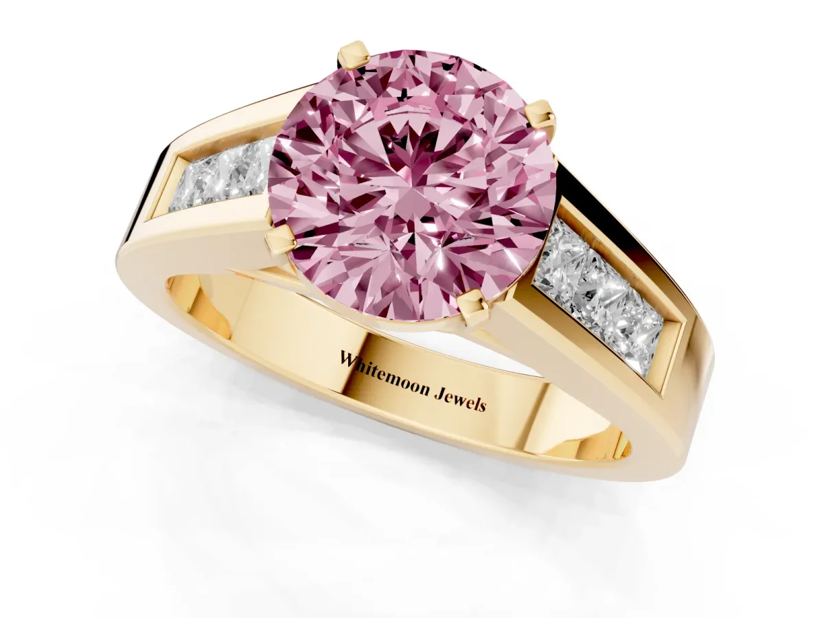 Fancy Pink Round Cut Cut Channel Set Solitaire Ring with Four-Prong Setting Yellow gold