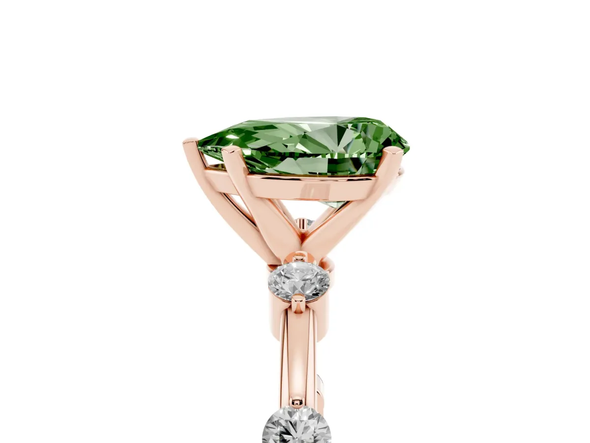 Fancy Green Pear Cut Solitaire Diamond Ring with Bezel Set Side Stones and Prong Setting Rose gold