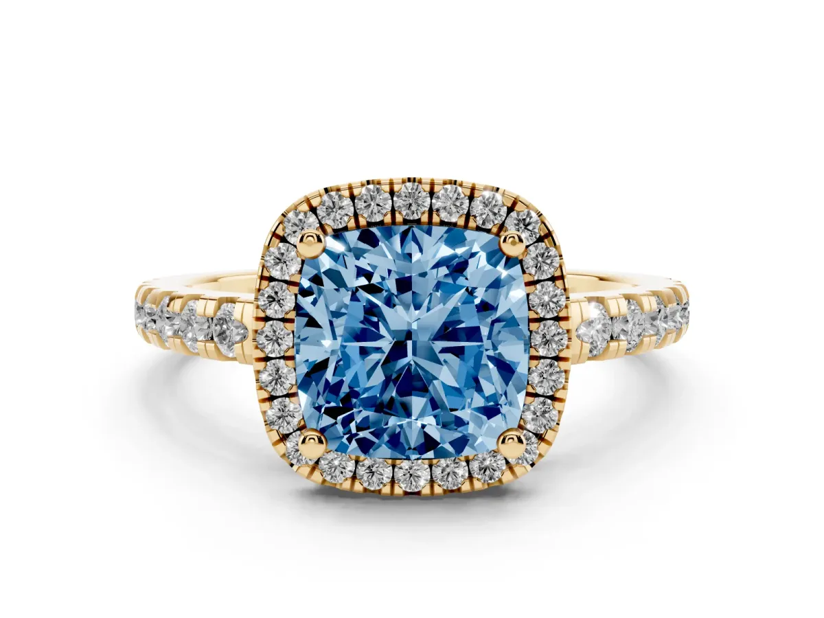 Fancy Blue Cushion Cut Diamond Halo Ring with Pavé Band and Four-Prong Setting Yellow gold