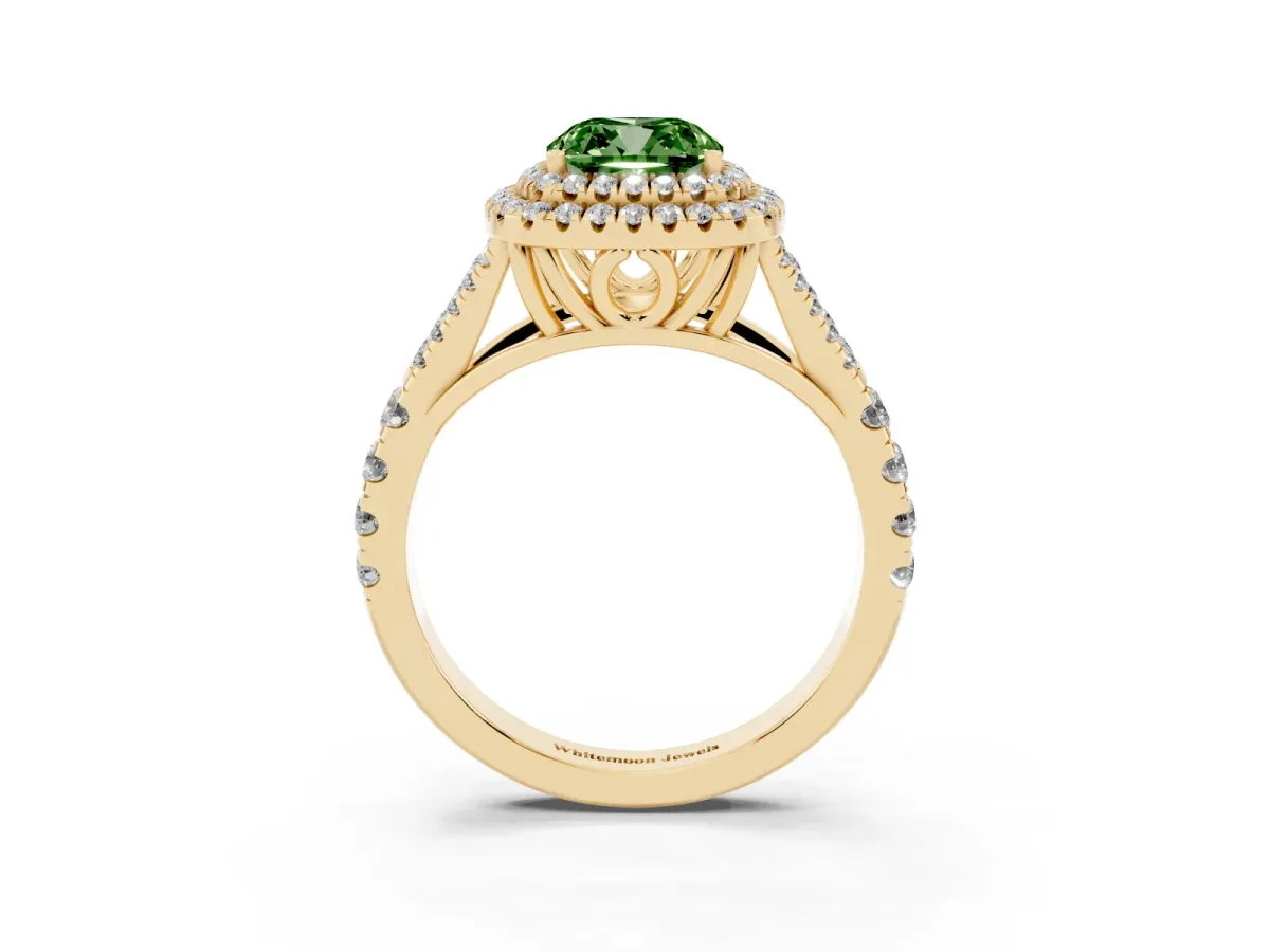 Fancy Green Cushion Cut Diamond Pavé Split Shank Double Halo Engagement Ring Yellow gold