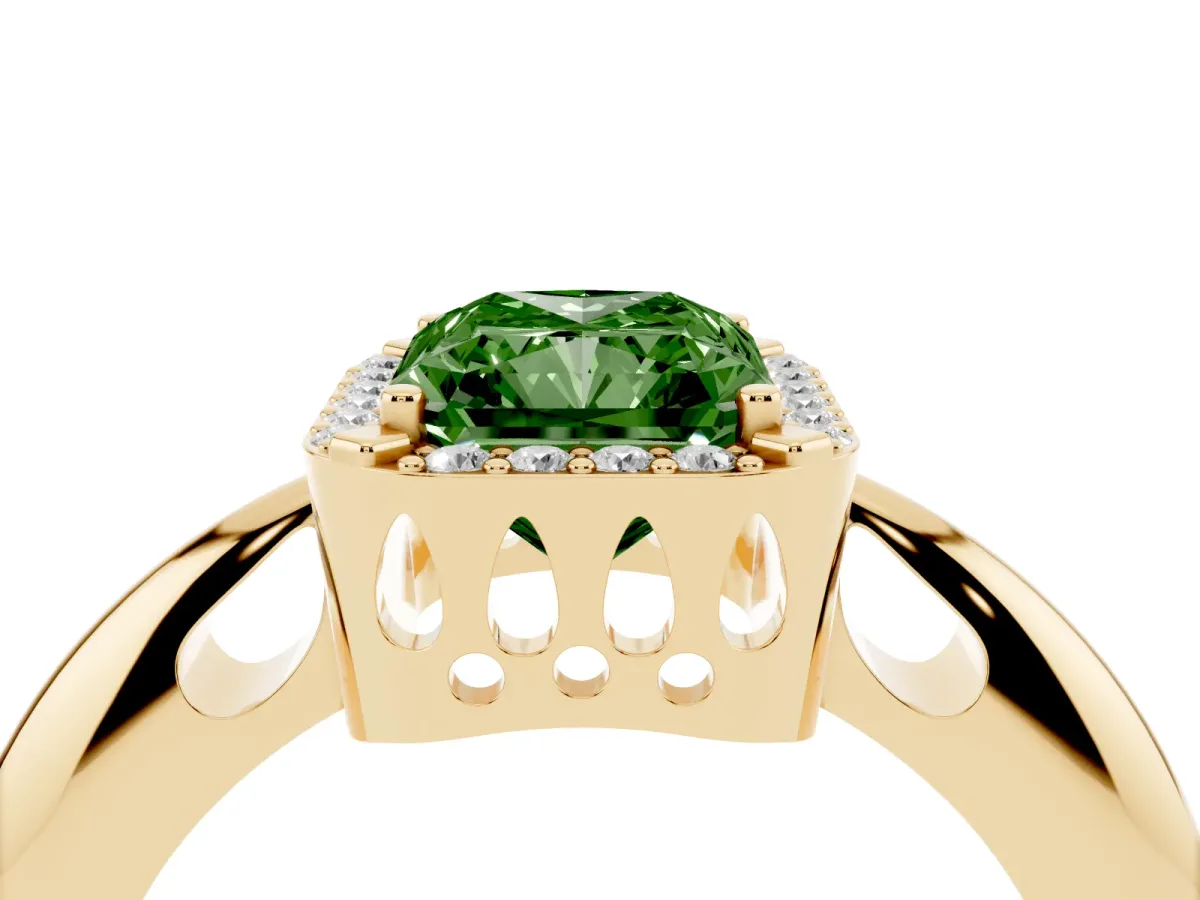 Fancy Green Radiant Cut Cut Diamond Halo Engagement Ring with Split Shank and Four-Prong Setting Yellow gold