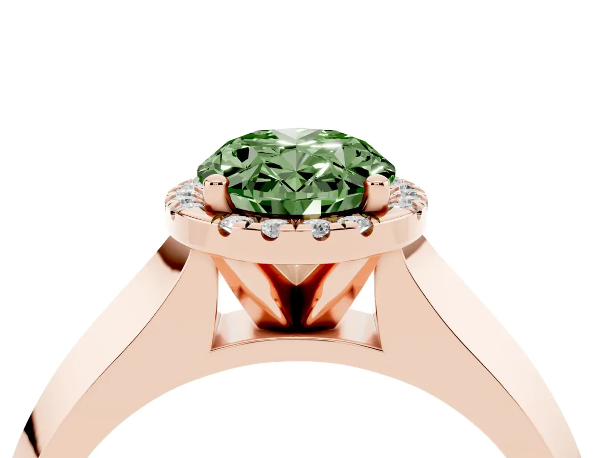 Fancy Green Oval Cut Halo Diamond Ring with Cathedral Band and Four-Prong Setting Rose gold