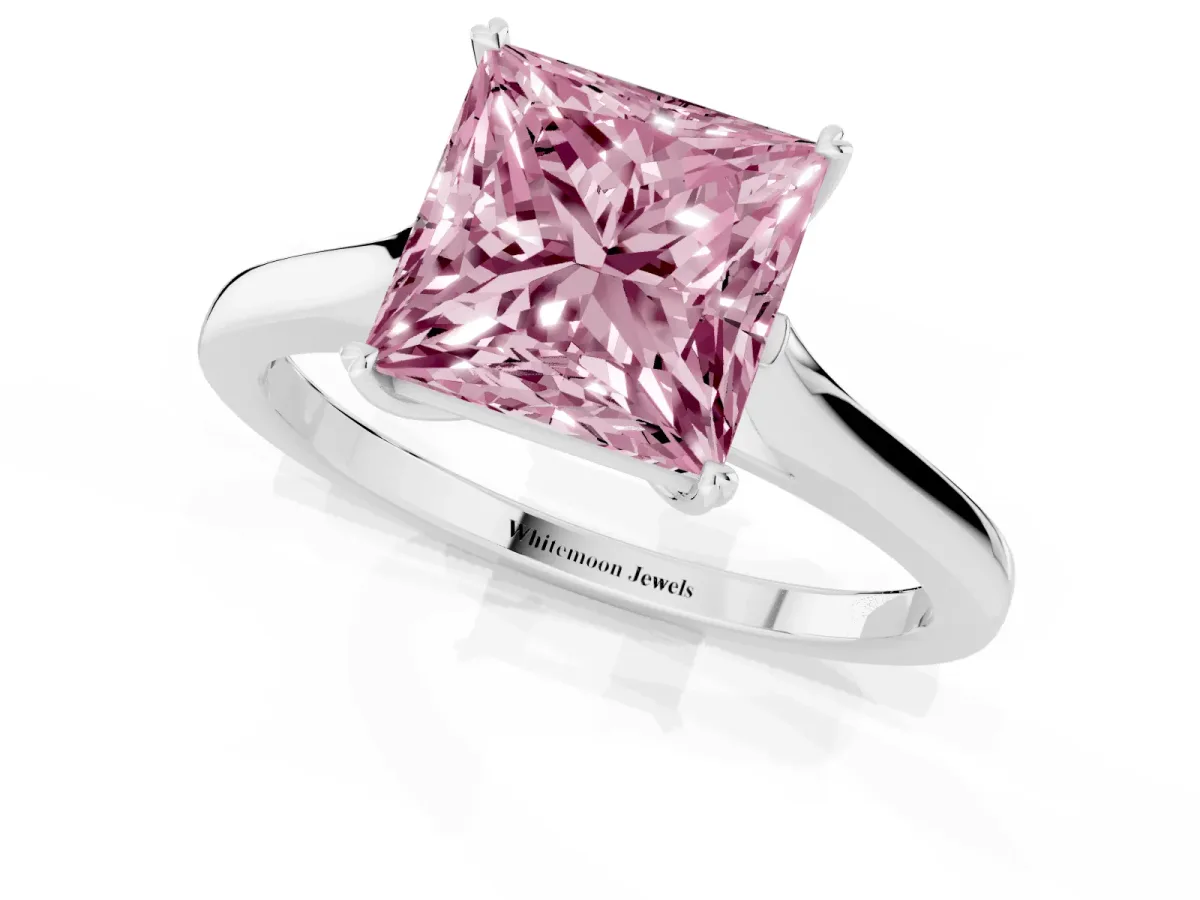 Fancy Pink Princess Cut Solitaire Heart Prong Engagement Ring with Tapered Band White gold