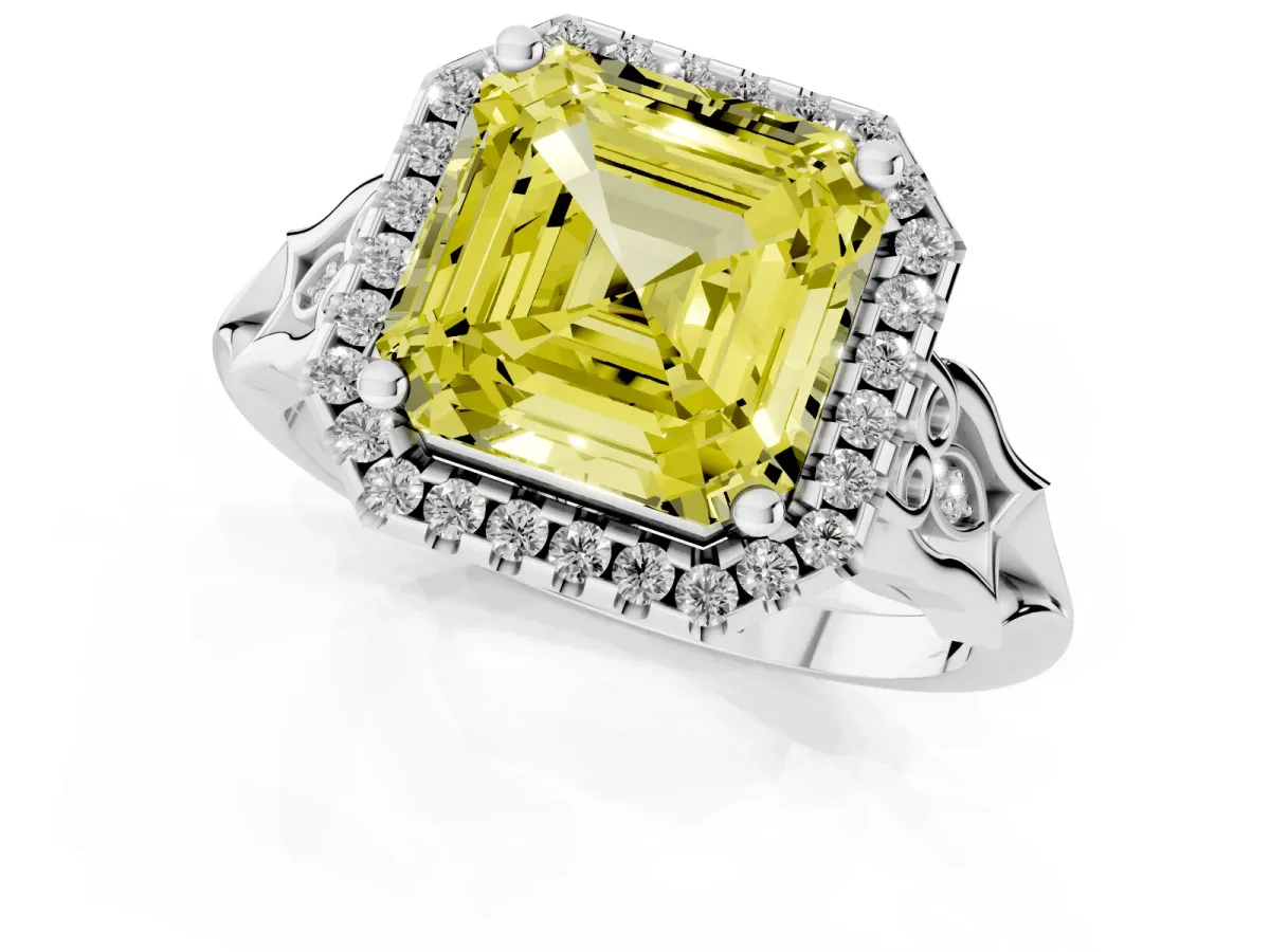 Fancy Yellow Asscher Cut Halo Diamond Engagement Ring with Filigree Band and Four-Prong Setting White gold