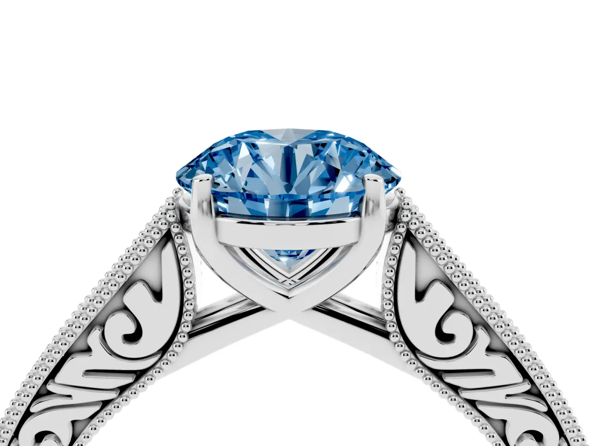 Fancy Blue Round Cut Cut Pave Band Milgrain Solitaire Ring Silver