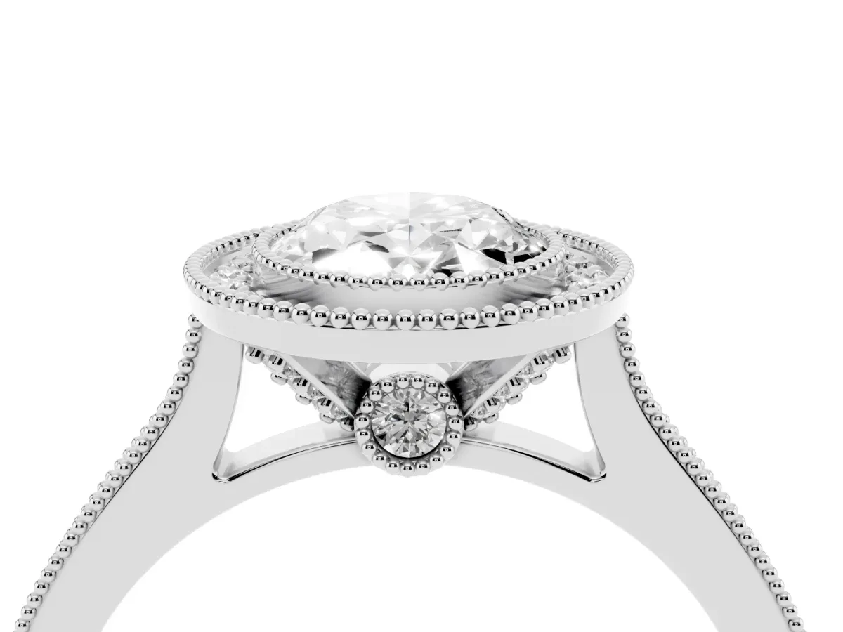 Halo Oval Cut-Cut Diamond Pave Band Milgrain Prong Setting Ring Silver