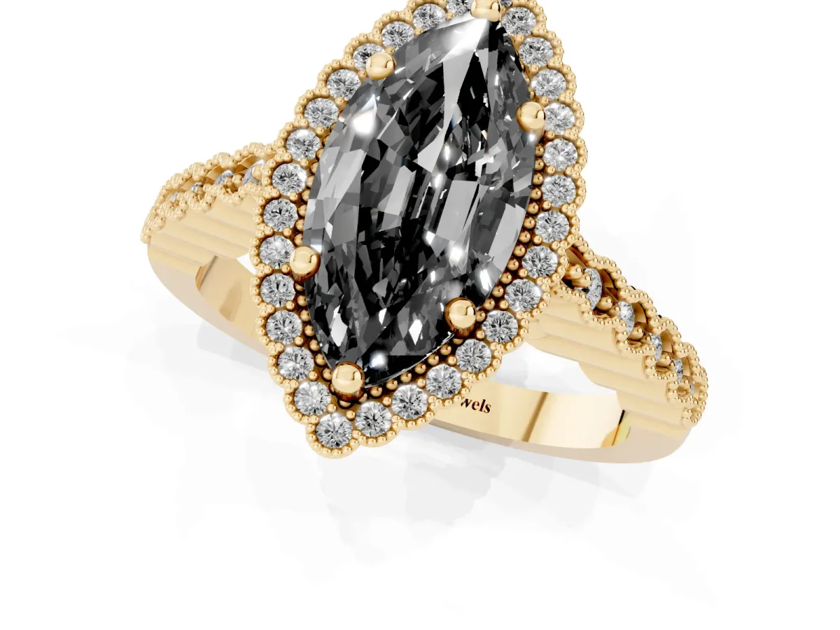 Fancy Black Marquise Cut Cut Halo Pavé Solitaire Ring with Milgrain Band Yellow gold