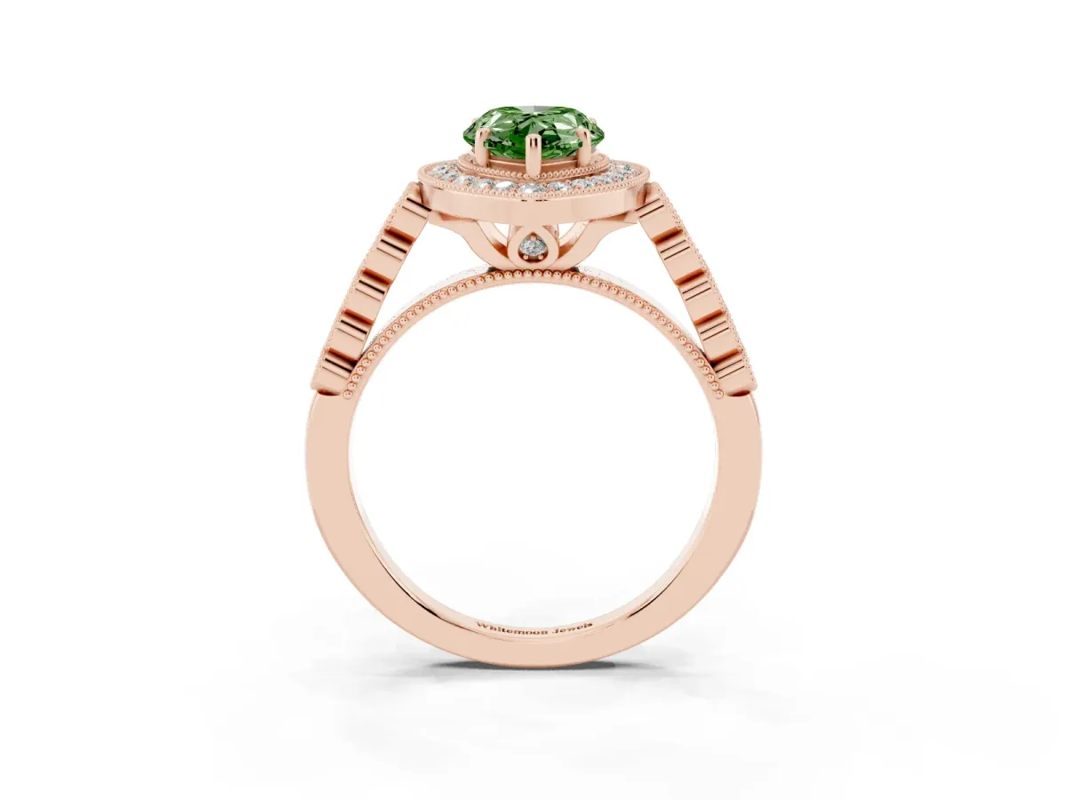 Fancy Green Pear Cut Halo Twist Band Solitaire Ring with Six-Prong Setting Rose gold