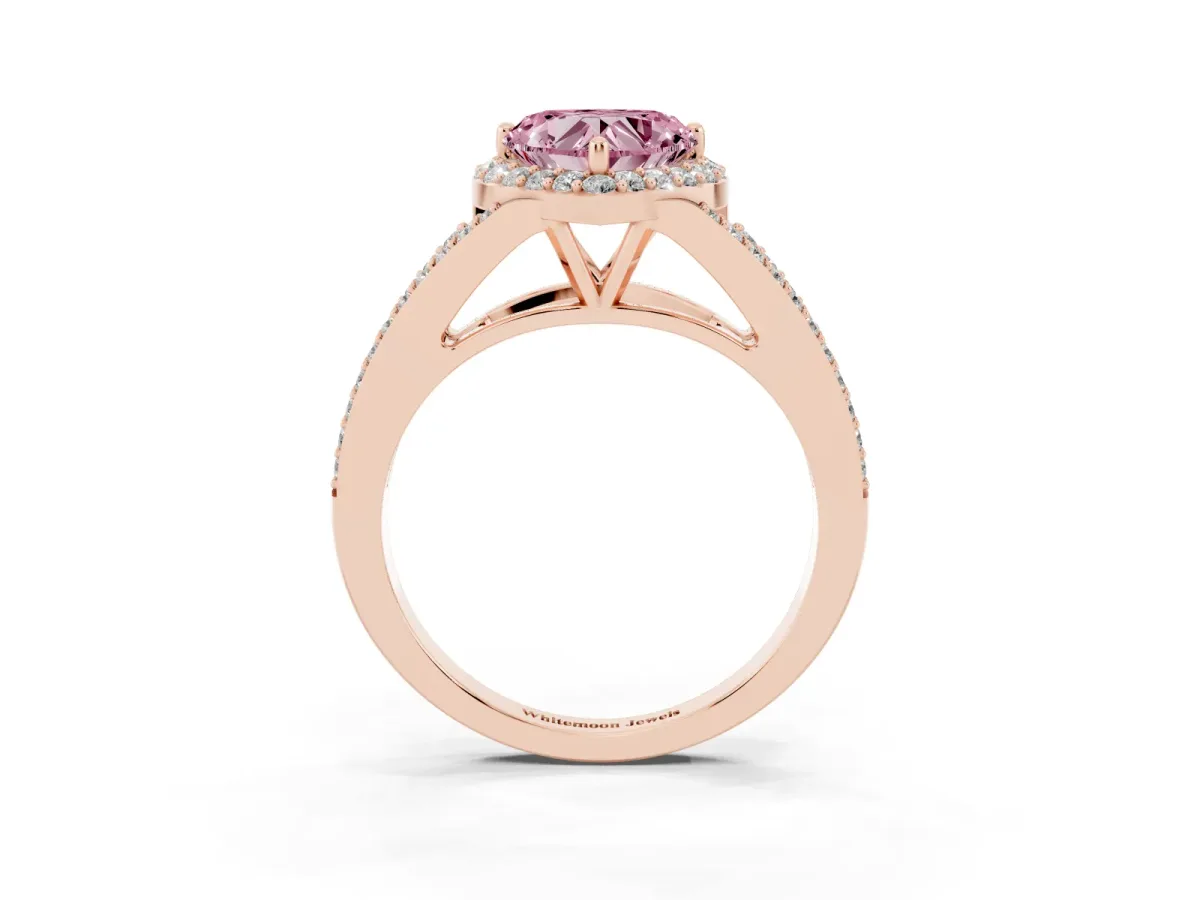 Fancy Pink Heart Cut Halo Split Shank Diamond Ring with Prong Setting Rose gold