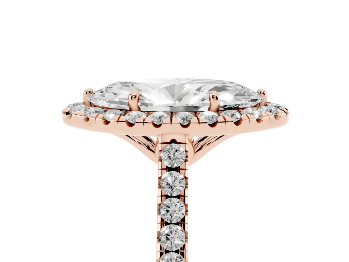 Marquise Cut Halo Pavé Diamond Engagement Ring with Four-Prong Setting Rose gold