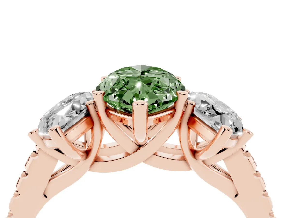 Fancy Green Three-Stone Marquise Cut Diamond Ring with Round Pavé Band and Prong Setting Rose gold