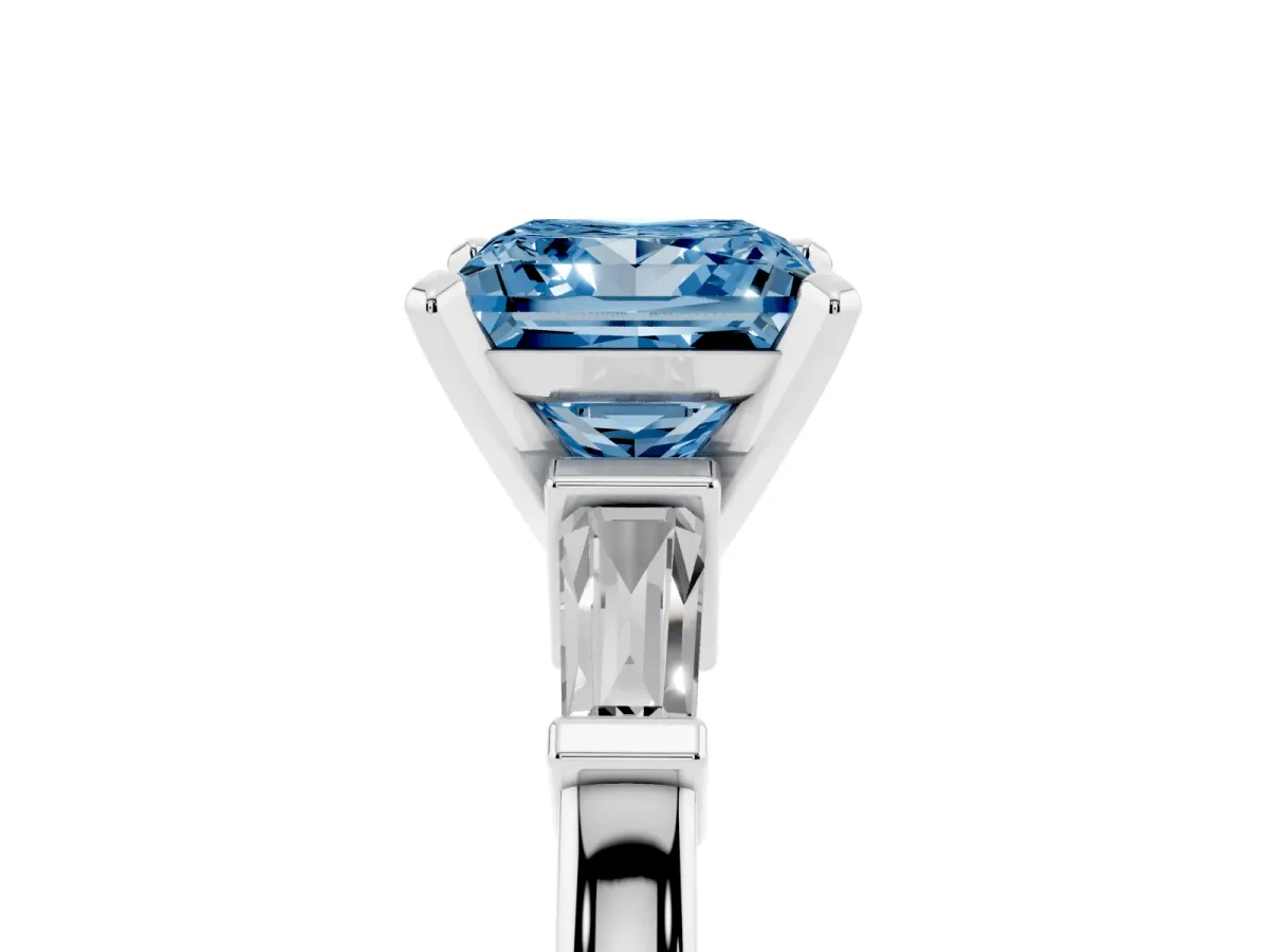 Fancy Blue Princess Cut Cut Diamond Solitaire Ring with Tapered Baguette Accents and Four-Prong Setting Platinum