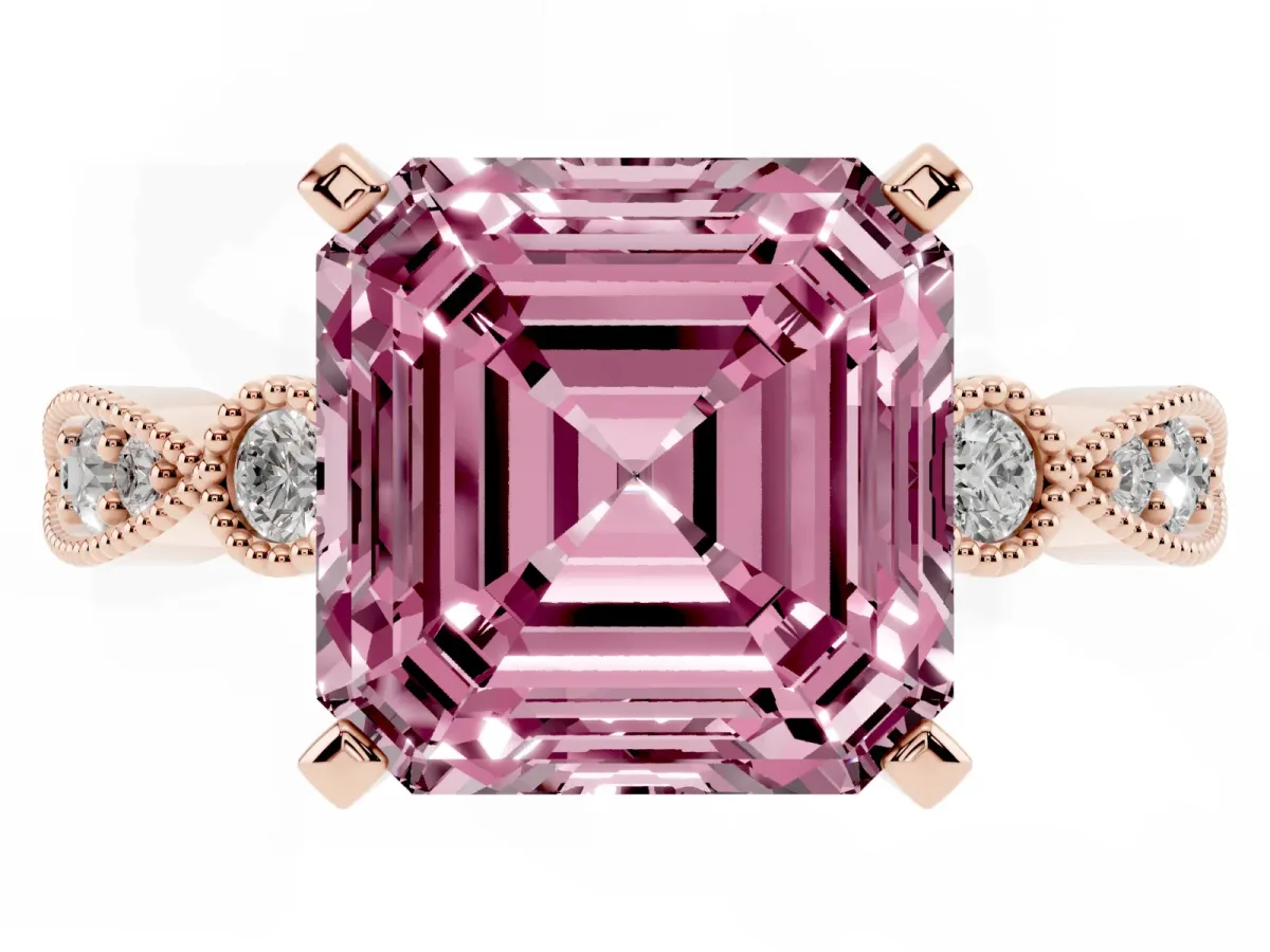 Fancy Pink Asscher Cut Milgrain Bezel Diamond Engagement Ring with Solitaire Prong Setting Rose gold
