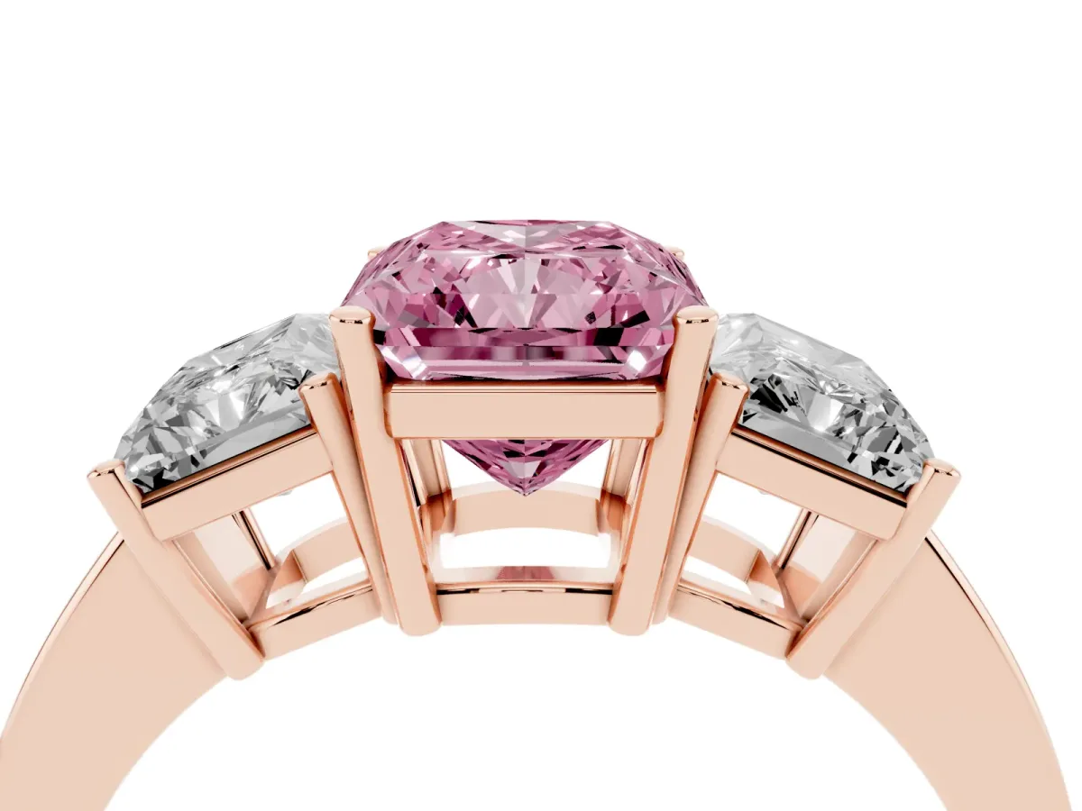 Fancy Pink Three-Stone Radiant Cut Cut Diamond Engagement Ring with Flat Band and Four-Prong Setting Rose gold