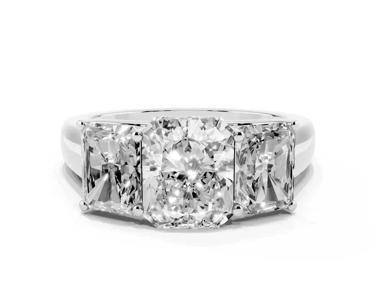Radiant Cut Three-Stone Diamond Ring with Prong Setting on a Classic Band Silver