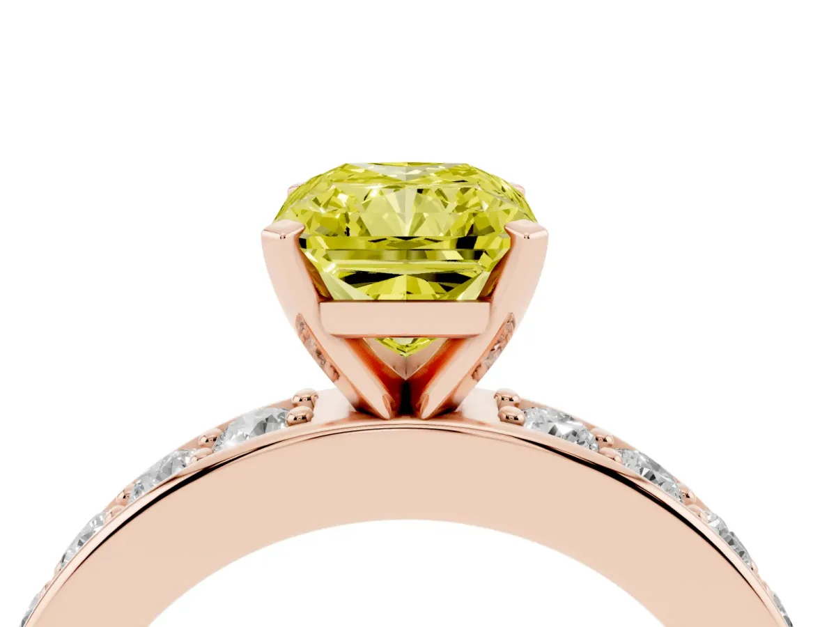 Fancy Yellow Radiant Cut Diamond Engagement Ring with Channel Set Round Band and Prong Setting Rose gold