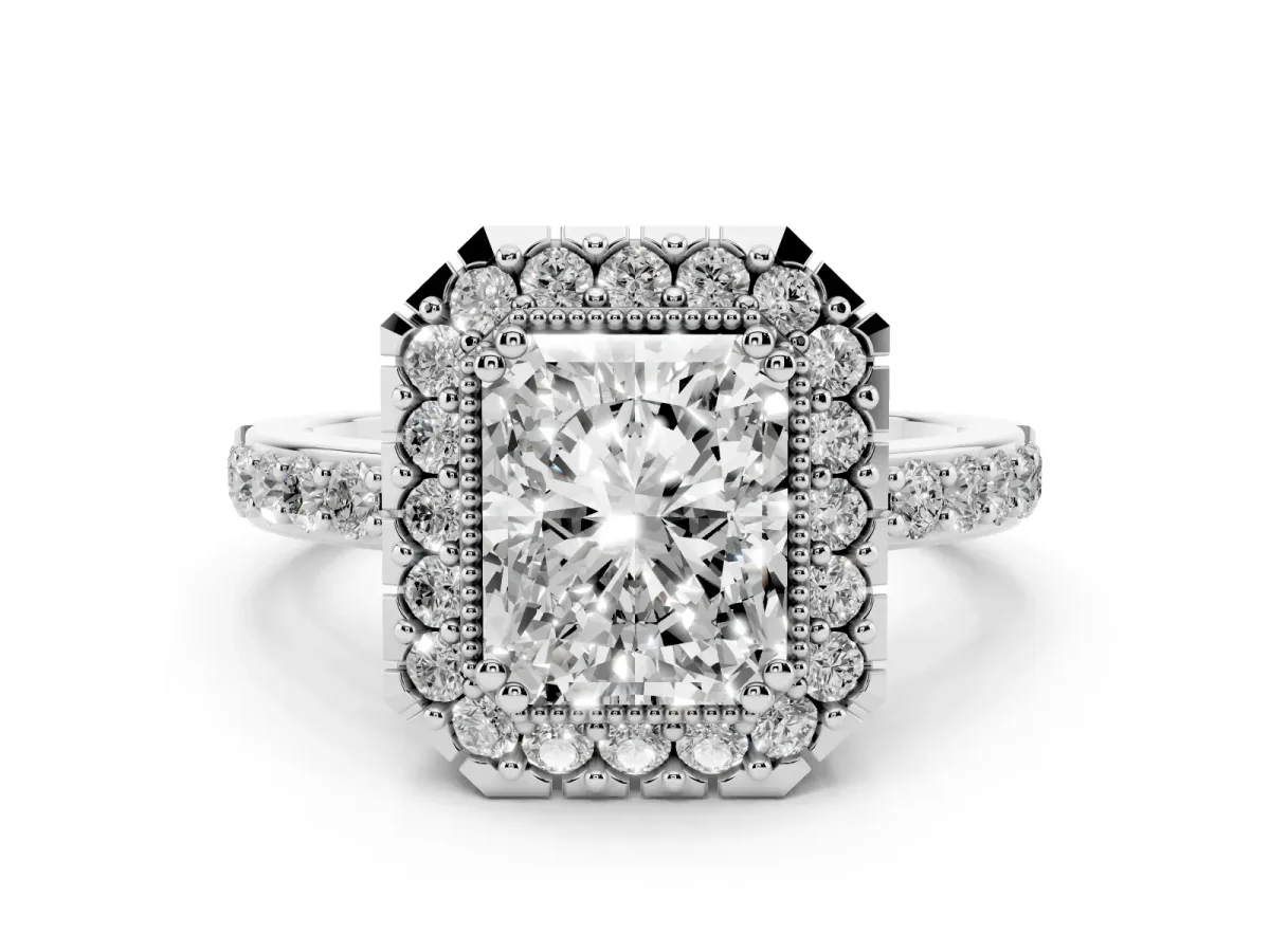 Radiant Cut Diamond Halo Ring with Pavé Band and Prong Setting Platinum