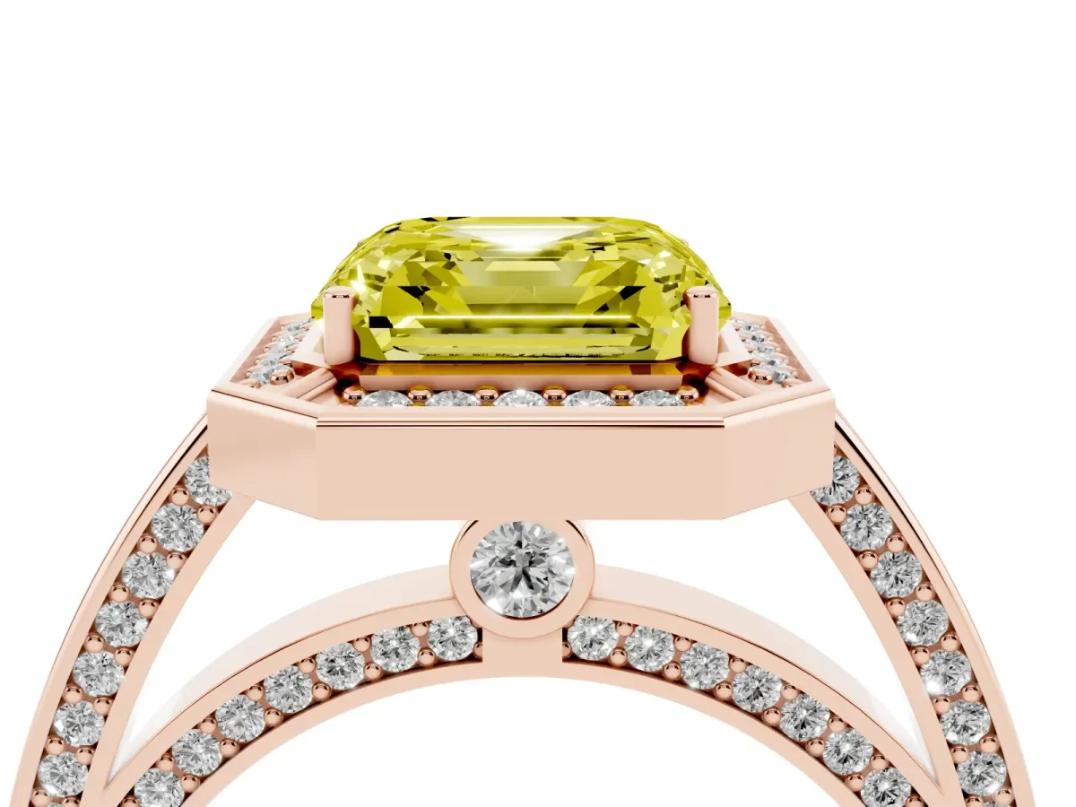 Fancy Yellow Asscher Cut Cut Halo Pave Split Shank Prong Setting Ring Rose gold