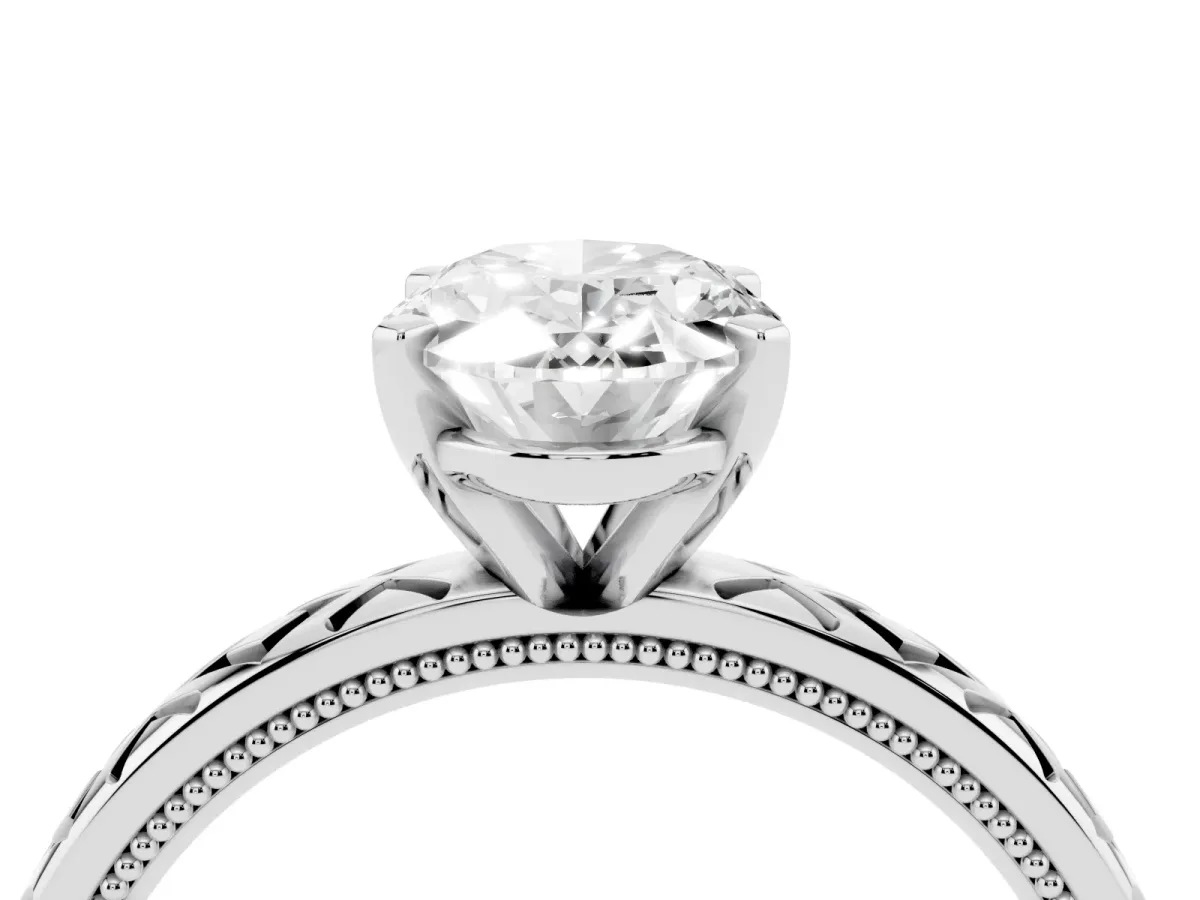 Oval Cut Solitaire Diamond Ring with Milgrain and Black Enamel X Pattern Band Silver