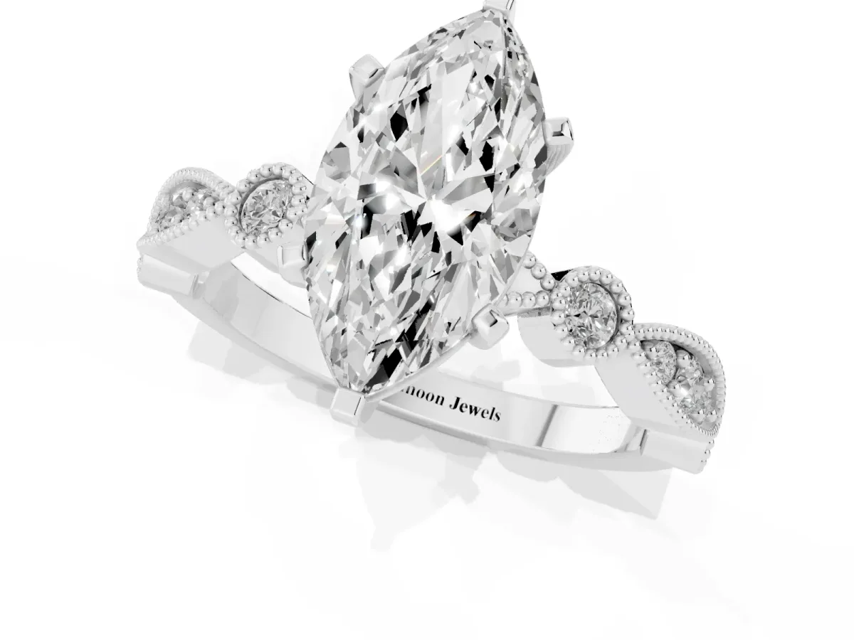 Marquise Cut Milgrain Bezel Diamond Engagement Ring with Solitaire Prong Setting Silver