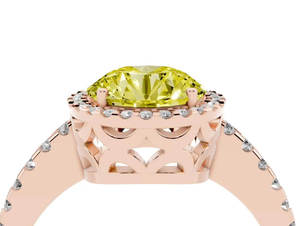Fancy Yellow Round Cut Diamond Halo Engagement Ring with Pavé Band and Prong Setting Rose gold