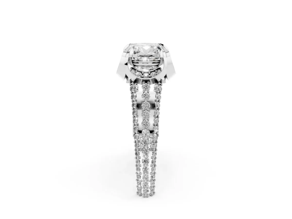 Cushion Cut Solitaire Pave Split Shank Ring with Four-Prong Setting Silver