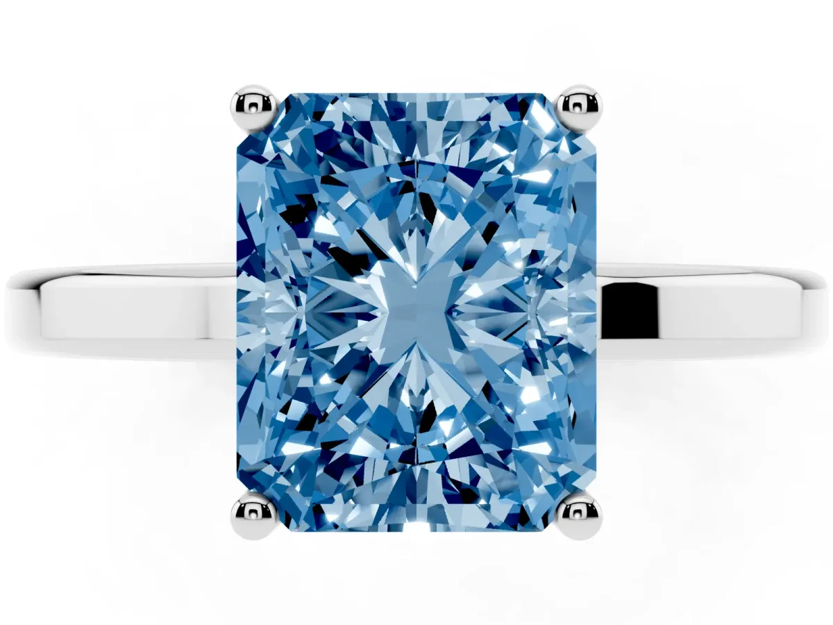 Fancy Blue Radiant Cut Cut Solitaire Engagement Ring with Four-Prong Setting on a Classic Band White gold
