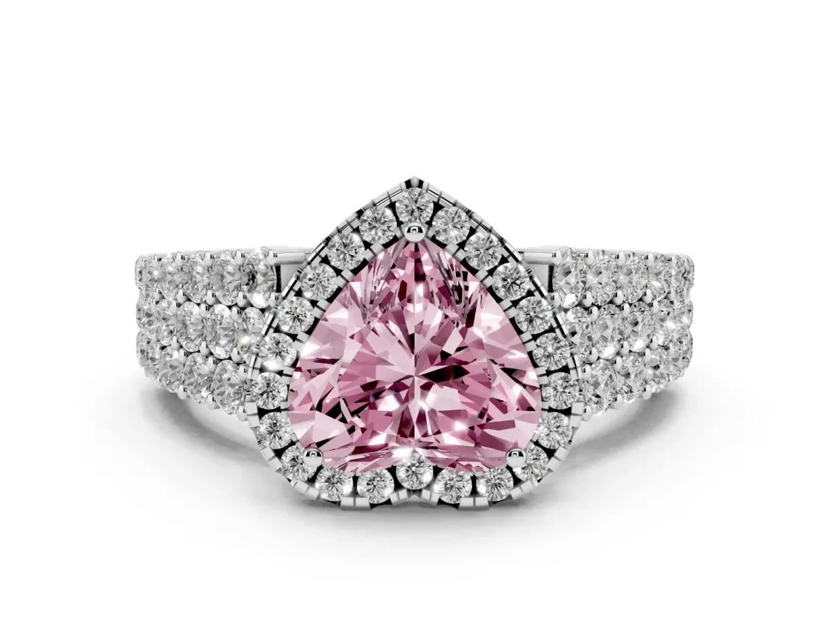 Fancy Pink Heart Cut Diamond Halo Engagement Ring with Triple Row Round Pavé Band and Prong Setting Silver