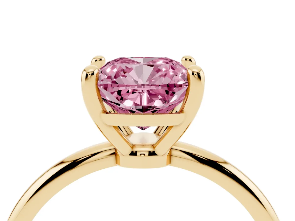 Fancy Pink Cushion Cut Solitaire Diamond Ring with 4-Prong Setting on a Classic Band Yellow gold