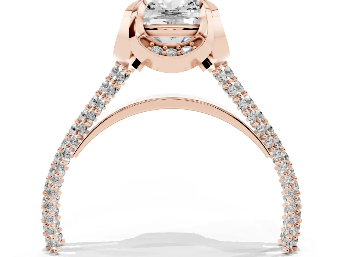 Cushion Cut Solitaire Pave Split Shank Ring with Four-Prong Setting Rose gold