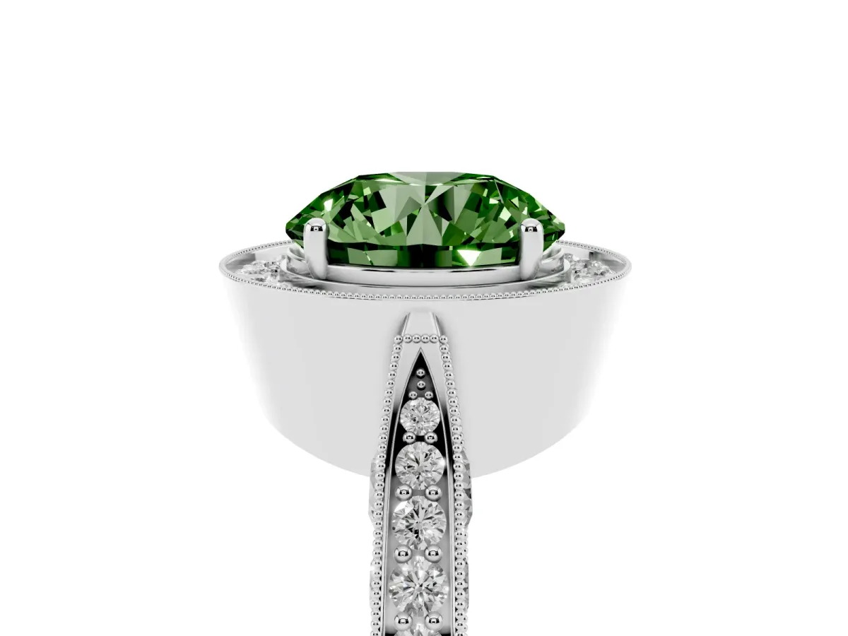 Fancy Green Round Cut Halo Diamond Engagement Ring with Split Shank Band and Four-Prong Setting Silver