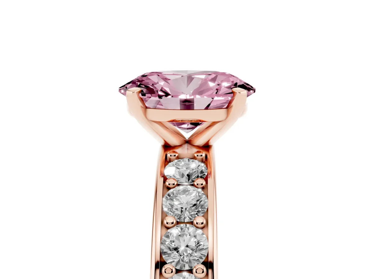Fancy Pink Oval Cut Diamond Engagement Ring with Channel Set Round Band and Prong Setting Rose gold