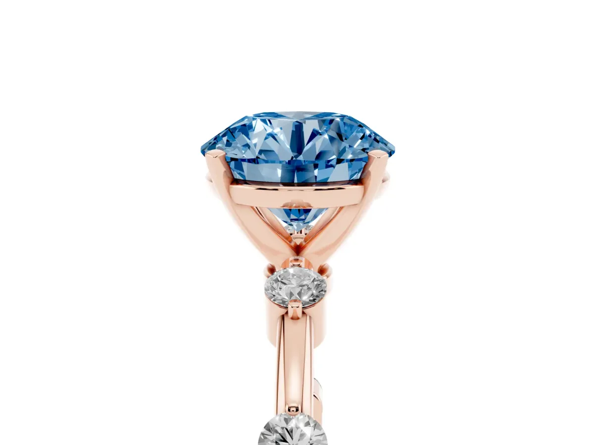 Fancy Blue Round Cut Solitaire Diamond Ring with Bezel Set Side Stones and Prong Setting Rose gold