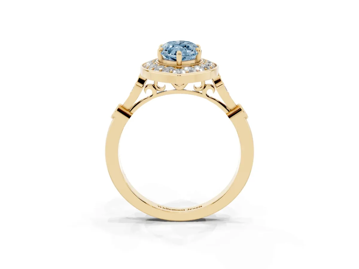 Fancy Blue Marquise Cut Halo Diamond Engagement Ring with Twisted Band and Four-Prong Setting Yellow gold