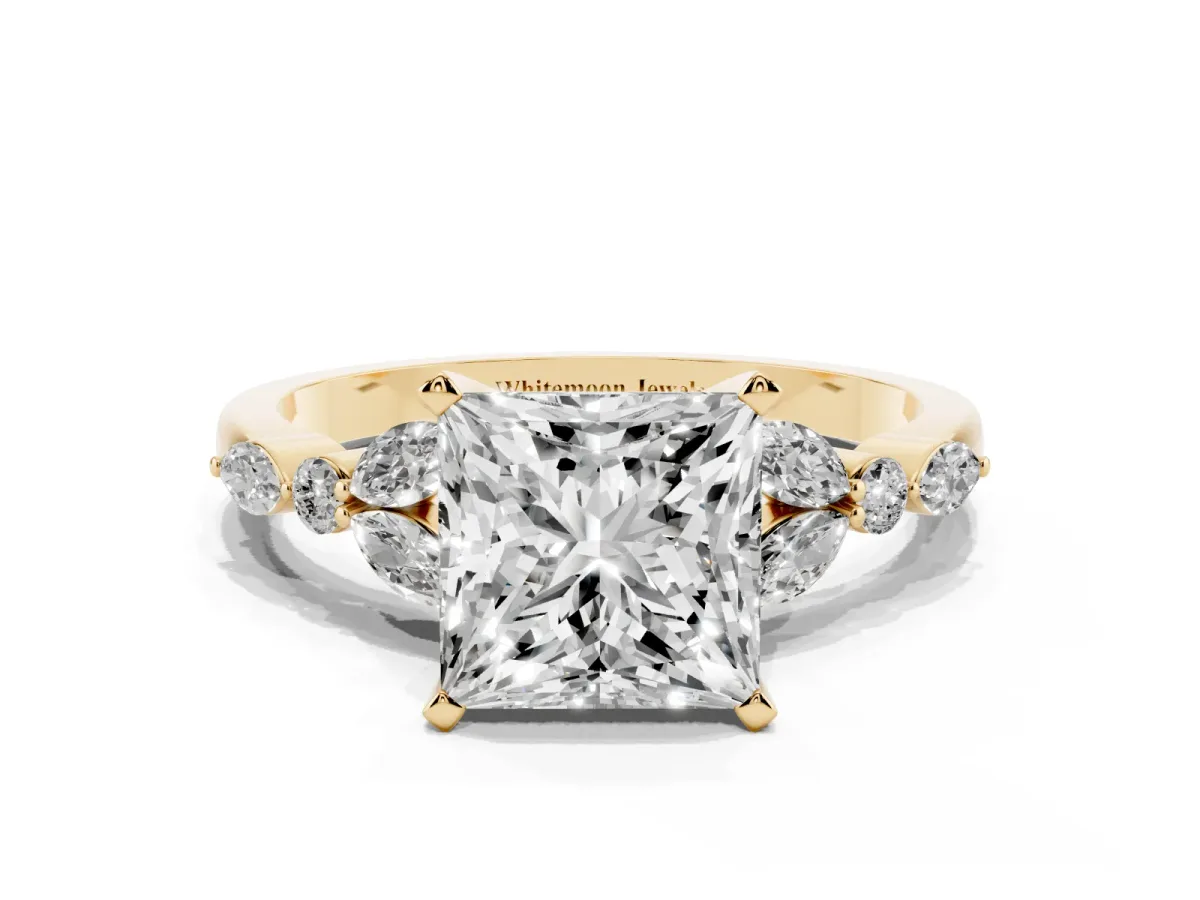 Princess Cut Diamond Solitaire Ring with Side Stones and Four-Prong Setting Yellow gold