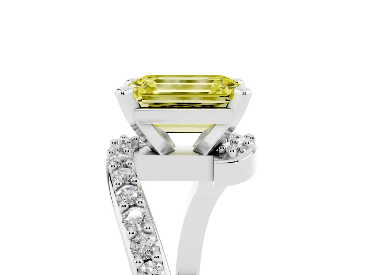 Fancy Yellow Emerald Cut Solitaire Twist Band with Pave Set Diamonds and Four-Prong Setting White gold