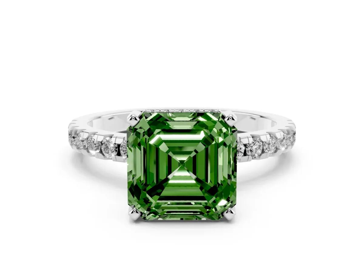 Fancy Green Asscher Cut Diamond Solitaire Ring with Round Pavé Band and Four-Prong Setting Silver