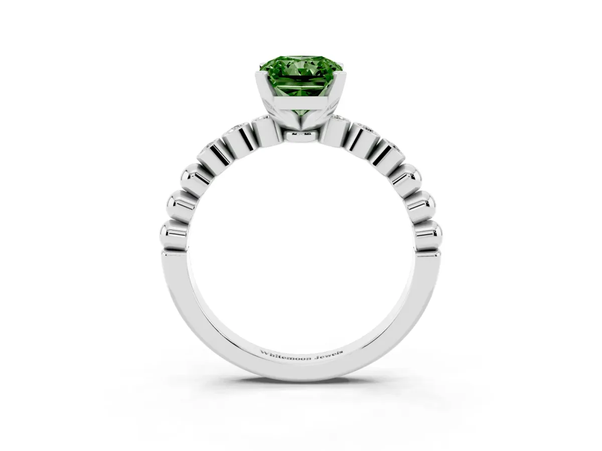 Fancy Green Radiant Cut Solitaire Bezel Accent Diamond Engagement Ring with Beaded Band and Four-Prong Setting Silver