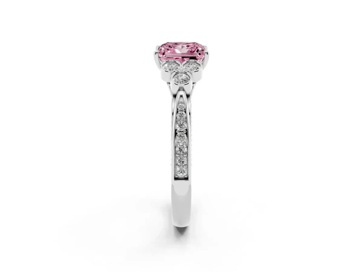 Fancy Pink Princess Cut Cut Diamond Engagement Ring with Bezel Set Round Side Stones and Prong Setting Silver