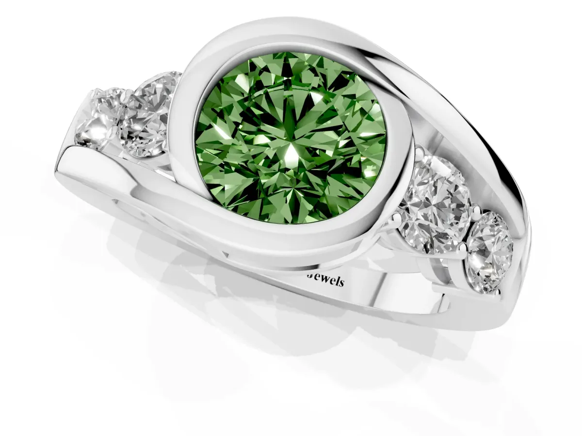 Fancy Green Bezel Set Round Cut Diamond Bypass Ring with Round Accents Silver