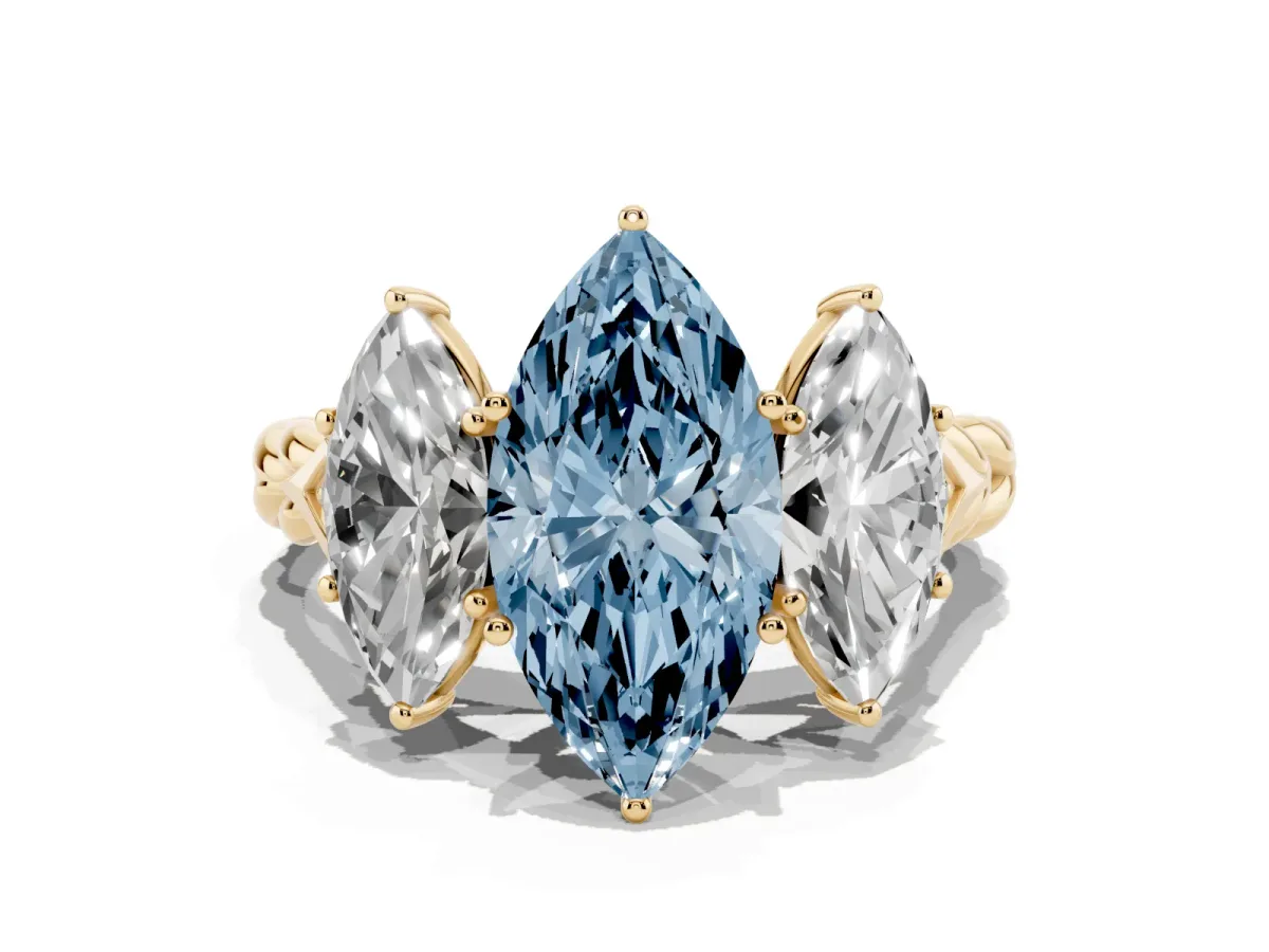 Fancy Blue Three-Stone Marquise Cut Diamond Braided Band Ring with Four-Prong Setting Yellow gold