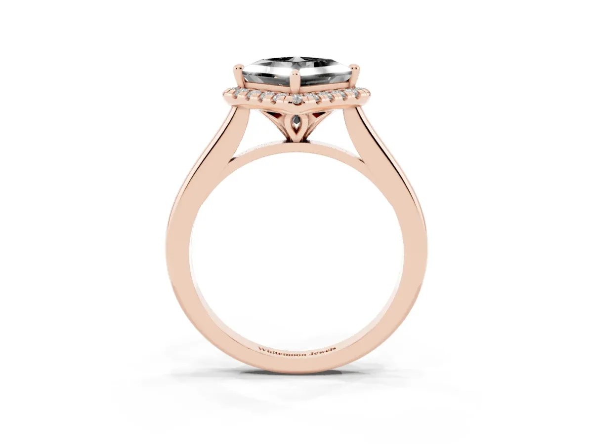 Fancy Black Princess Cut Halo Round Diamond Solitaire Engagement Ring with Pave Band and Four-Prong Setting Rose gold