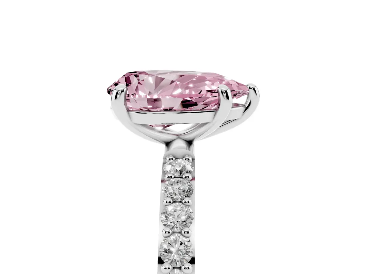 Fancy Pink Pear Cut Diamond Solitaire Ring with Round Pavé Band and Prong Setting Platinum