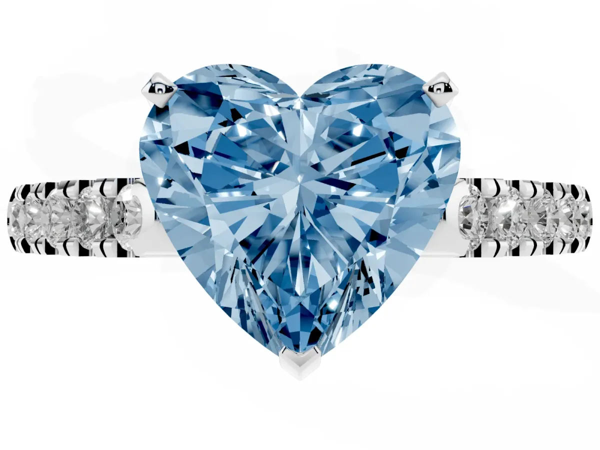 Fancy Blue Heart Cut Diamond Pavé Band Solitaire Ring with Prong Setting Silver