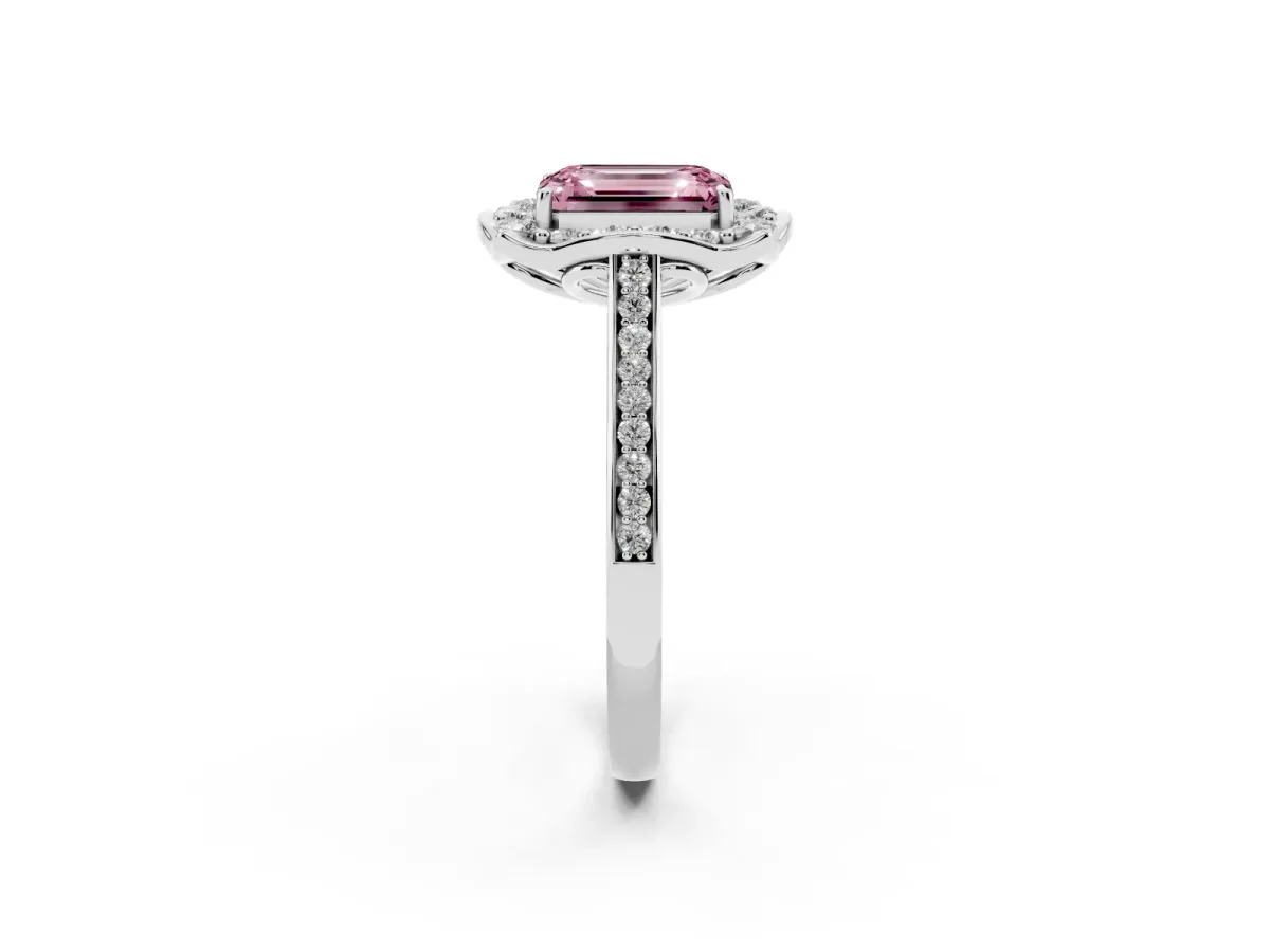 Fancy Pink Emerald Cut Halo Round Diamond Pave Band with Four-Prong Setting Platinum