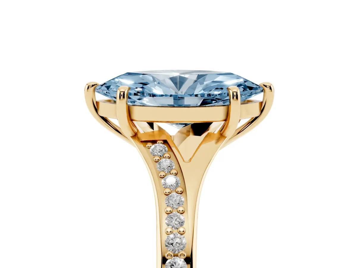 Fancy Blue Marquise Cut Diamond Solitaire Ring with Pavé Band and Prong Setting Yellow gold