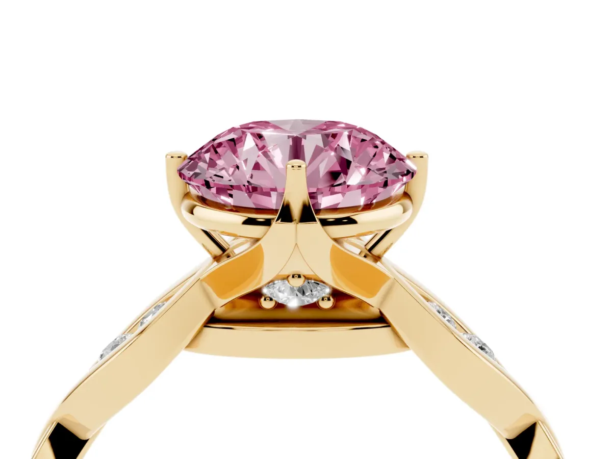 Fancy Pink Round Cut Solitaire Twist Band with Leaf Prong Setting Yellow gold
