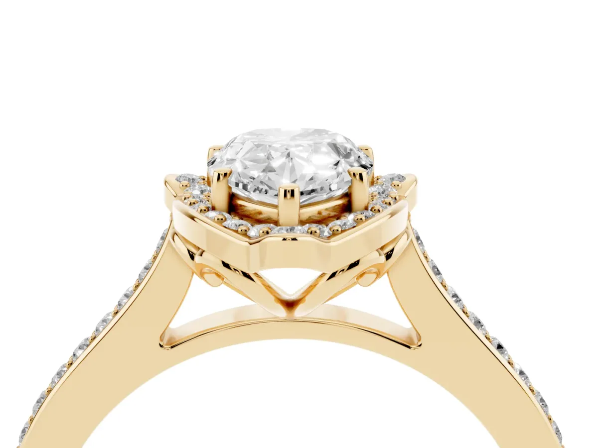 Pear Cut Halo Round Diamond Pave Band with Four-Prong Setting Yellow gold