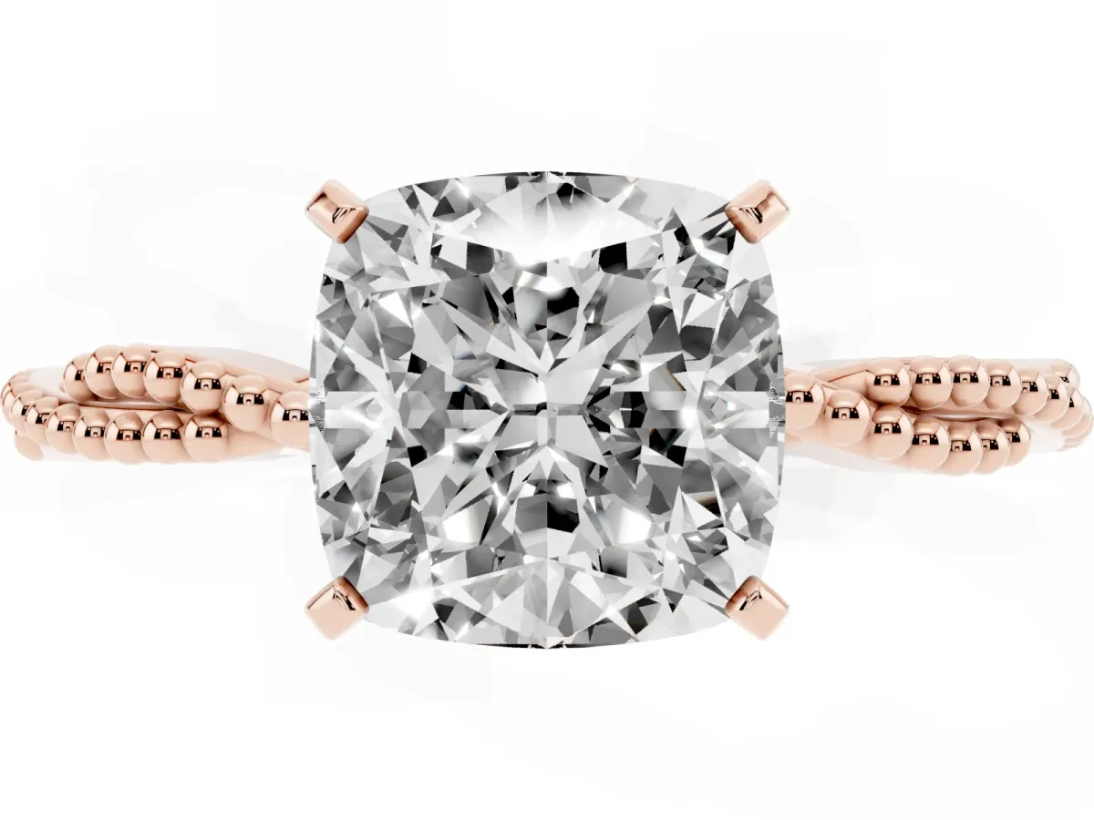 Cushion Cut Solitaire Twisted Band with Bead Prong Setting Rose gold